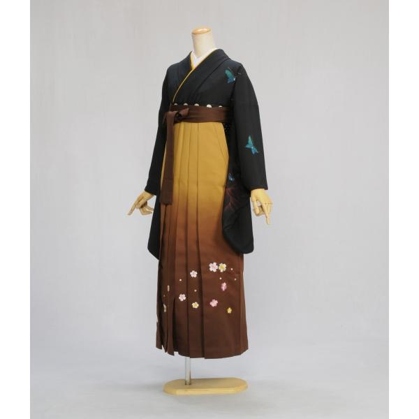 袴レンタル 着物 黒地蝶  袴 金茶ぼかし花刺繍入り レディース 身長 156cm〜166cm レンタル 卒業式 卒園式 女子袴 学生 先生 袴セット 卒業セット