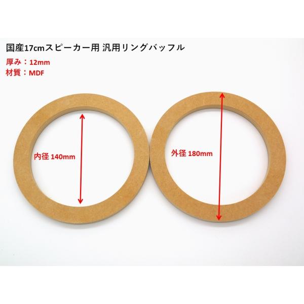 DIY取付の方の為の国産カースピーカー用汎用リングバッフルです。一部例外はございますが、ほとんどの車のインナーバッフルとしてご利用いただけます。＜バッフル詳細＞材質：MDF内径：140mm、外径：180mm個数：2枚※防水処理は施しておりま...