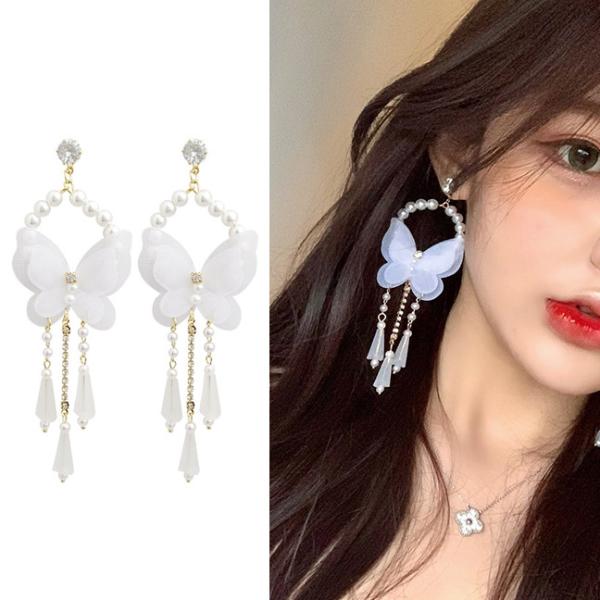 ピアス パール レディース 蝶々 揺れる ロングピアス CZダイヤ 韓国ファッション アレルギー対応 ポイント消化 誕生日 母の日 プレゼント 爆買