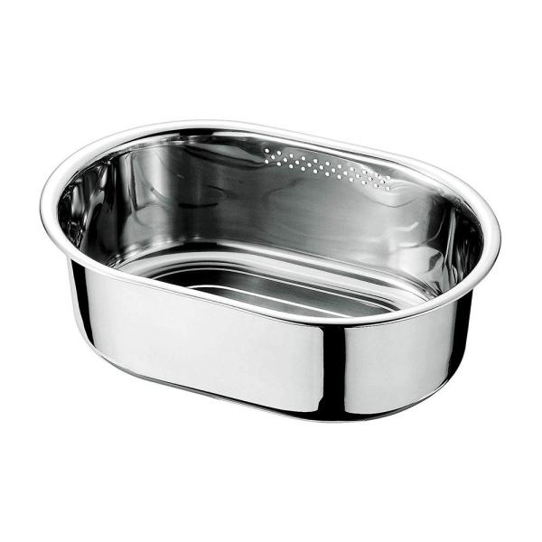 丈夫なステンレス製の洗いおけです。ゴム脚が付いているので滑りにくく、シンクに傷がつくのを防ぎます。流水穴付き。