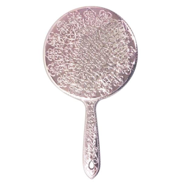 唐草模様が輝くレトロモダンなピンクメッキのハンドミラー。