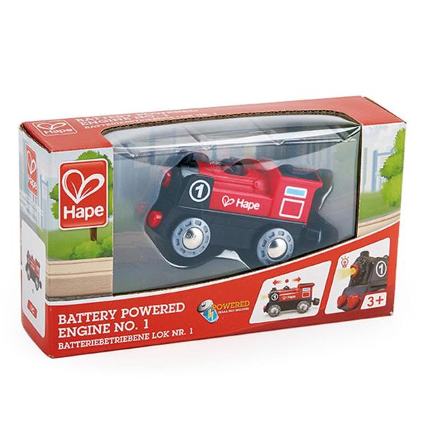 スイッチひとつで前にも後ろにも進みます。電池式でライトがぴかっとひかる蒸気きかんしゃです。ハペレールの上を元気に走ります。