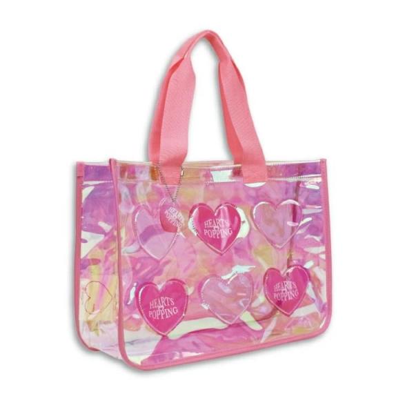 中が透けて見える仕様です。テープで巻いてテープで巻いて縫製しているおしゃれな仕様です。大きめサイズで小学校中学年、高学年のおしゃれ大好きな女の子にも大満足です。プールにもタウンにも幅広くご使用いただけます。ラメ入りアクリルチャーム付きです。