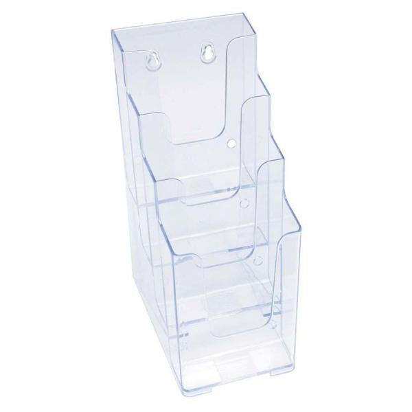 インジェクション一体成型なのでデザインが美しく丈夫。各種パンフレットやチラシ・カタログなどの展示保管に最適です。背面にフック用の穴があるので壁掛け用としてもご利用できます。