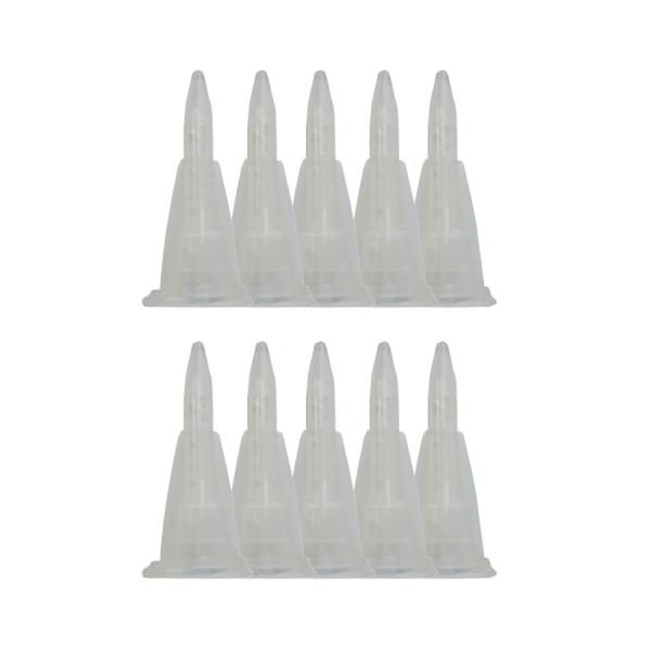 床鳴りクイック用のミキサーです。（入数：10個セット）専用ガンで接着剤を押し出し、ミキサー内部で接着剤2液が混ざりあい、ミキサーを通って、2液が混ざりあった接着剤がニードルから出て硬化がはじまります。