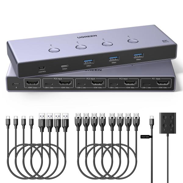 UGREEN 8K@60Hz HDMI KVM切替器 4コンピュータ用 4*USB 3.0ポート付き アルミKVMスイッチ 4入力1出力 4K@24
