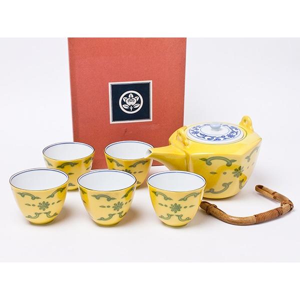 2261 平安橘吉　黄交趾　茶器セット　急須1客　湯呑5客 2261 平安橘吉 黄交趾 茶器セット 急須1客 湯呑5客
