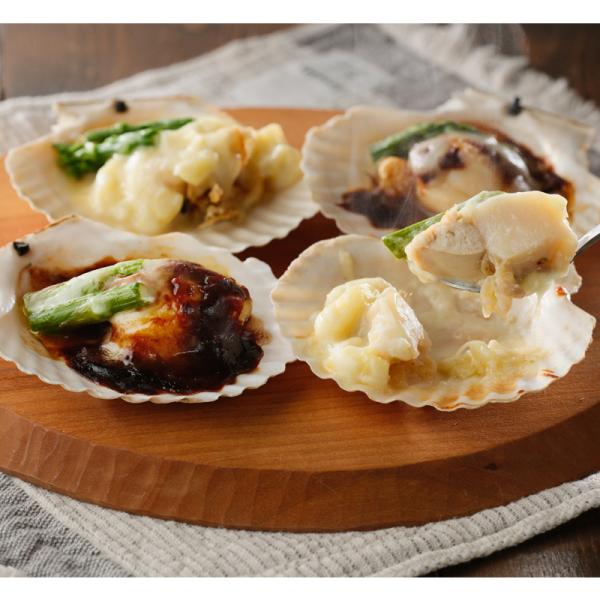 貝の直径10cm前後の北海道産片貝帆立を使用し、ホワイトソースのグラタン仕立てと、デミグラスソースとチーズを乗せて焼いたデミグラスチーズ焼きにしました。どちらも電子レンジで温めるだけの簡単調理でいただけます。●商品内容：帆立グラタンチーズ8...