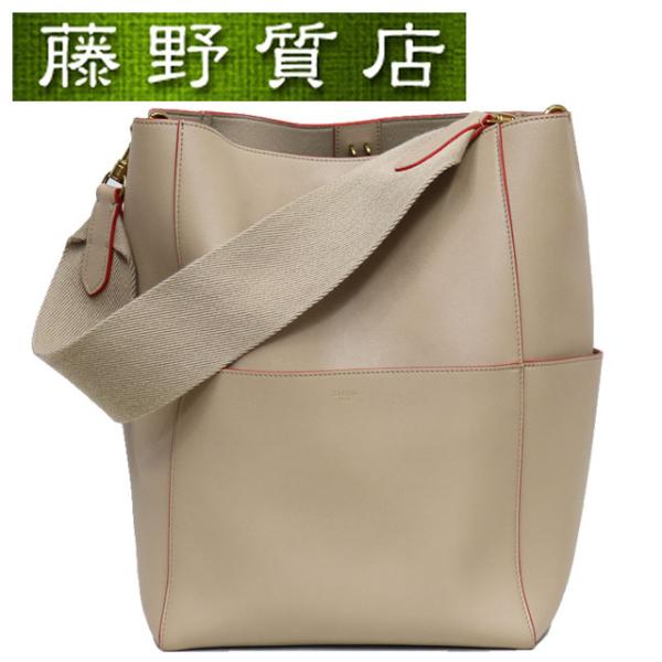 セリーヌ CELINE サングル バケット ショルダー バケツ型 レザー × キャンバス ベージュ × 赤 8107 CELINE（セリーヌ） サングル バケット ショルダー バケツ型 レザー