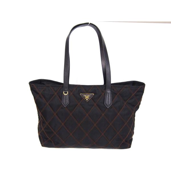 プラダ PRADA トートバッグ ナイロン 黒×ステッチ茶系 8130 プラダ PRADA トートバッグ ナイロン 黒×ステッチ茶系 8130