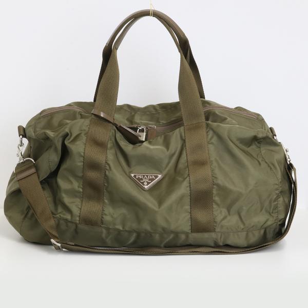PRADA プラダ 筒型 ショルダーバッグ ナイロン カーキ PRADA（プラダ） 50cm ナイロン ボストンバッグ カーキ （質屋 藤千