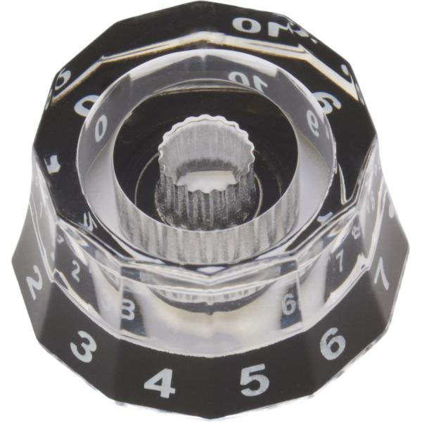 PRSギターにあるものと同様の透明なランプシェードスタイルのノブ。 ランプシェードノブはトップハットノブとスピードノブの中間に位置しますが、ユニークなデコデザインが施されています。 これらのノブには0〜10の番号が付いており、6mmの粗いロ...