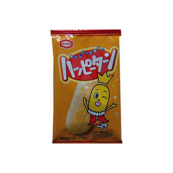 ちょこっとおやつにピッタリのハッピーターン！「ハッピー王国のターン王子」が、そのハッピーなおいしさを伝えます。米（うるち米、もち米）、植物油脂、でん粉、砂糖、たんぱく加水分解物（大豆を含む）、食塩、デキストリン、加工でん粉、調味料（アミノ酸...