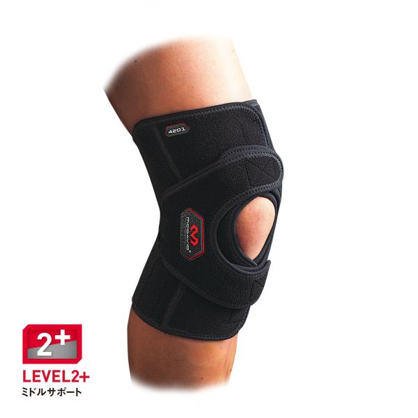 横ブレを抑えるステー内蔵／左右側面に１本ずつ柔軟性の高いスプリングステーを内蔵。調節できるフィット感とサポート力／調節自在なメインラップとサイドラップのダブルサポート構造で、ヒザ周りを包み込むようにサポート。汗ムレを軽減する通気性メッシュ／...