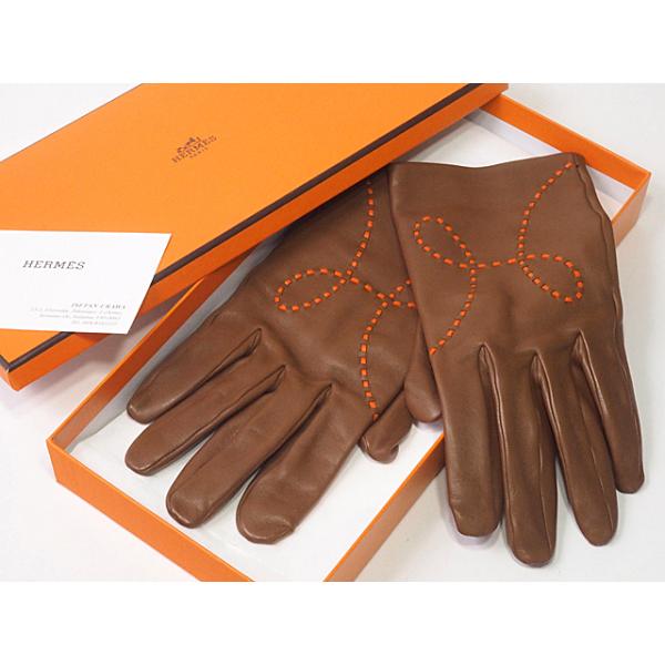 富士屋◆エルメス HERMES リスボン レザーグローブ ブラウン サイズ8レディース 手袋