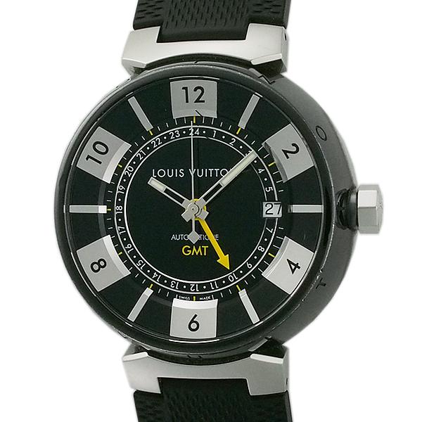富士屋◆ ルイヴィトン LOUIS VUITTON タンブール イン・ブラック オートマティック GMT デイト メンズ 自動巻き 腕時計