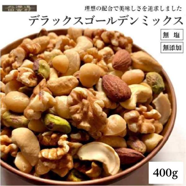 デラックスゴールデンミックス 【無塩 無添加】 400g ピスタチオ くるみ カシュー マカダミア アーモンド 厳選 おつまみ 得用 チャック付き