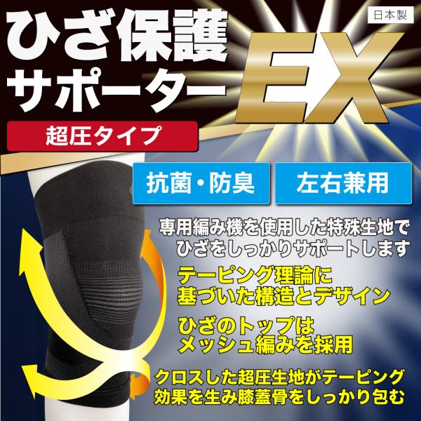 ひざ保護サポーターEX　テーピング理論に基づきデザインされたクロス部が膝蓋骨を保護し膝のぐらつきを軽減させる！　蒸れ対策メッシュ生地使用