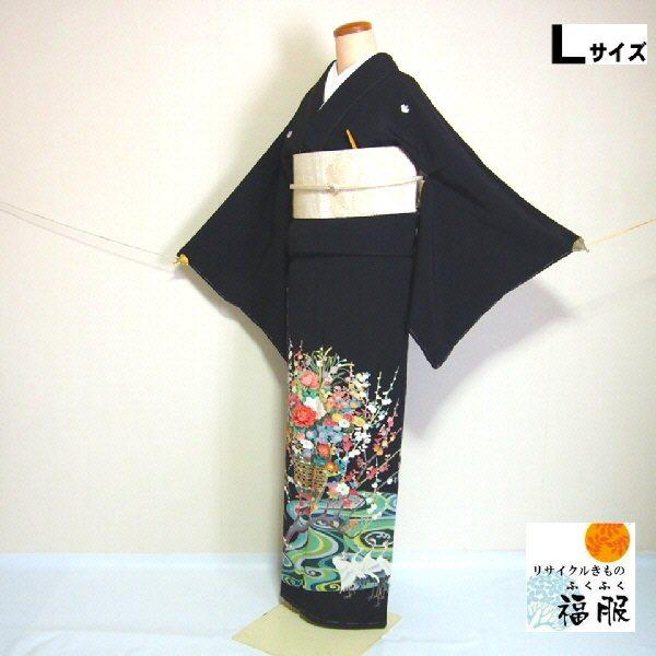 10％OFFクーポン対象/中古留袖 正絹 流水に梅模様 五つ紋付黒留袖 裄68