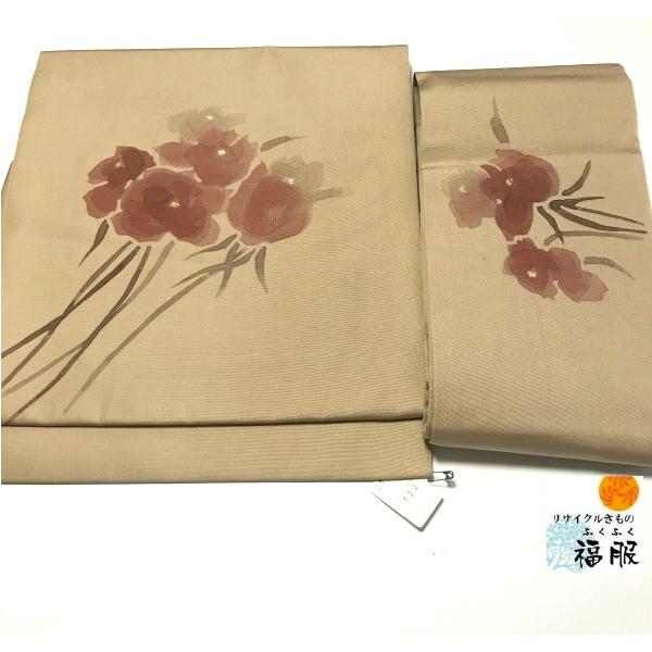 ［7505］名古屋帯 枝花文様 刺繍 金彩 九寸 お太鼓柄 正絹 着物 作り帯 正絹 お太鼓結び型 薄茶地に枝花模様 お太鼓柄 九寸 名古屋帯の