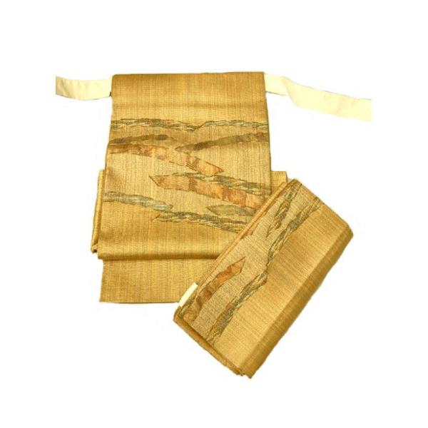 作り帯 正絹 二重太鼓結び オレンジ色地に幾何学文様 六通柄 袋帯の