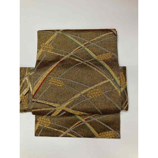 作り帯 正絹 金属糸 二重太鼓結び 渋めの金に稲穂文様 二部式 袋帯の