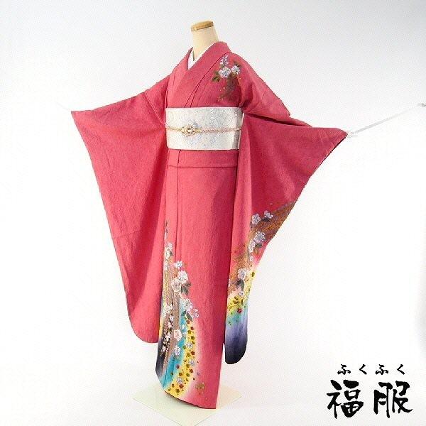 振袖 正絹 ピンク地に辻が花調模様のお振袖 Mサイズ 裄長め 送料無料