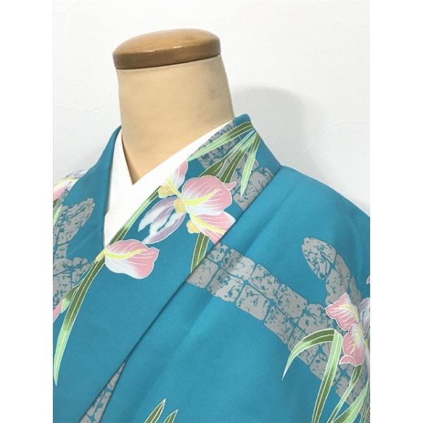 中古 Sサイズ 化繊 単衣着物 小紋 青緑地に菖蒲模様 洗える着物