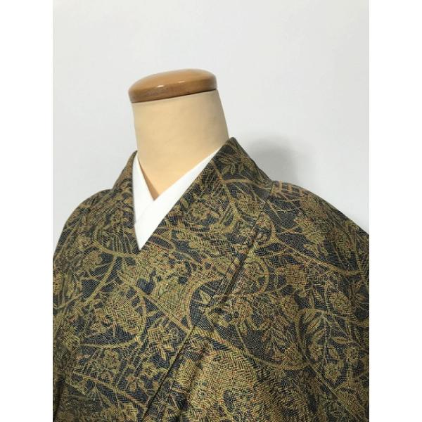 中古 Sサイズ 紬 正絹 染め紬 鉄色地に寄せ柄模様 袷着物
