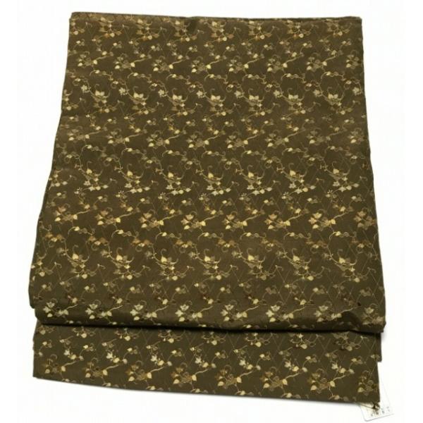 中古 正絹 丸帯 アンティーク 鶯茶地に唐花文様 全通柄 あすつく 