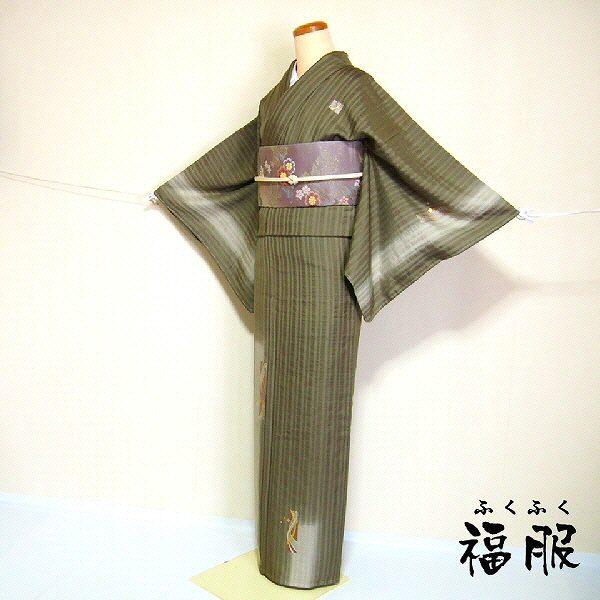 10％OFFクーポン対象/中古 付け下げ 正絹 青朽葉色地に短冊模様 染め紬 付下げ訪問着 袷着物 裄65 M 絵羽紬 レディース