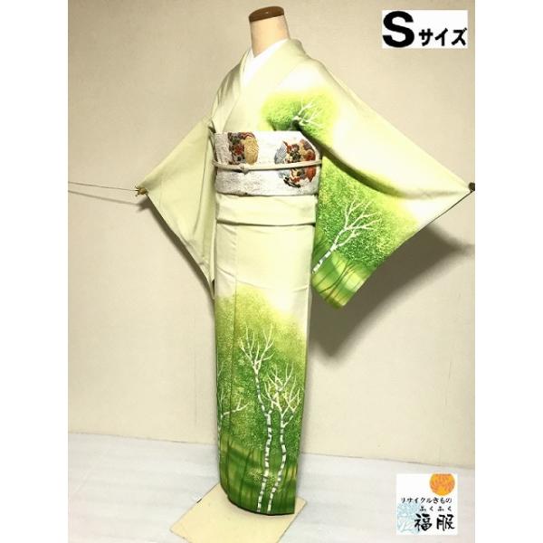 25％OFFクーポン発行中/中古 付け下げ 正絹 薄グリーン地に木立模様 裄  