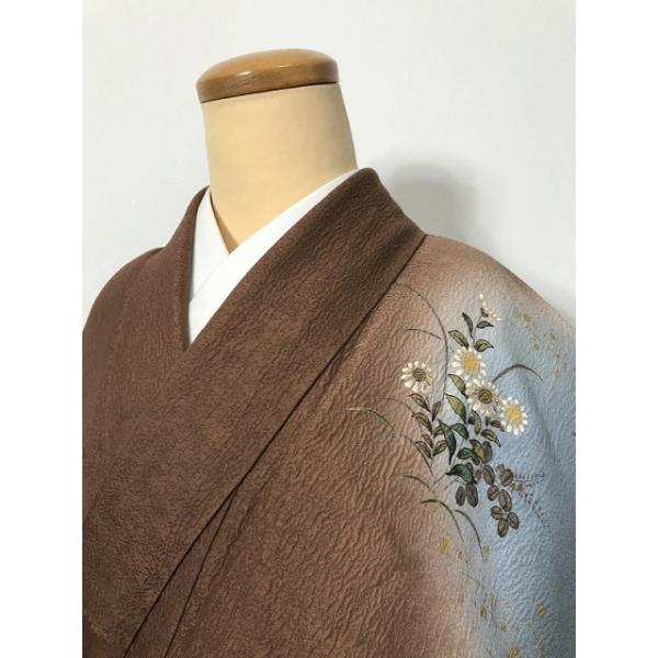 【中古】Mサイズ 正絹 付け下げ こげ茶地に花鳥模様
