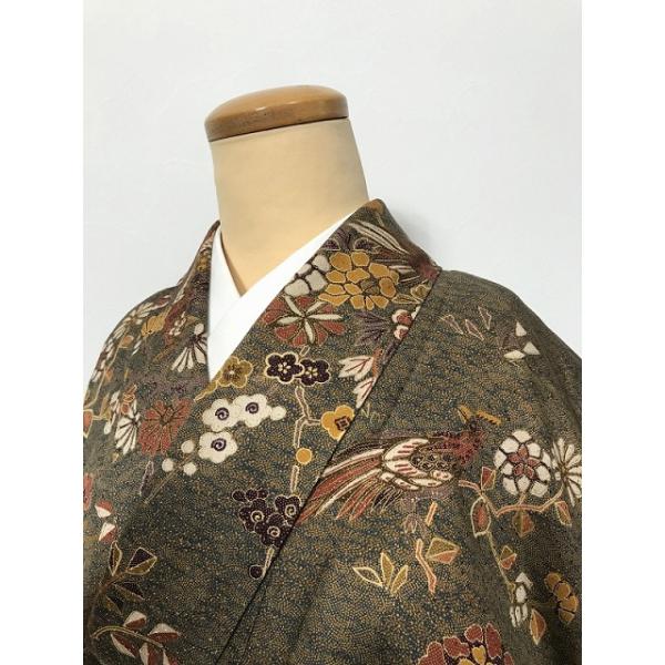 中古 Sサイズ 振袖 正絹 山葵色地に花鳥模様 小振袖