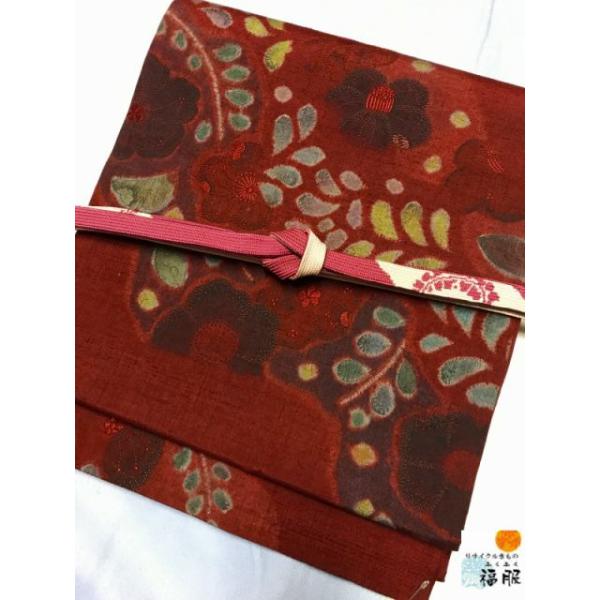 25％OFFクーポン発行中/特選 中古 しゃれ袋帯 正絹 赤茶地に椿模様  