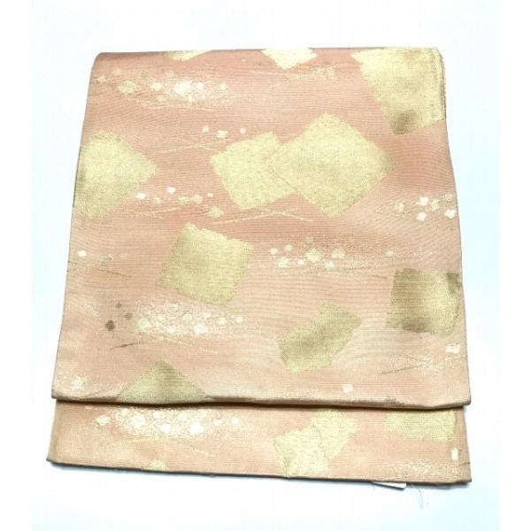 【中古】化繊 袋帯 ピンク地に色紙文様