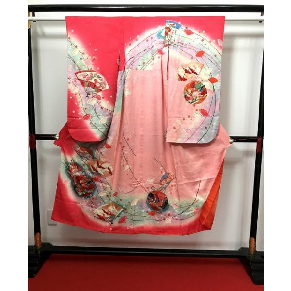 女児七才着物，長襦袢　新品未使用品 中古 七五三 正絹 7歳女児用 祝い着 着物 長襦袢セット ピンク地