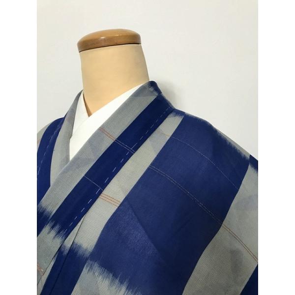 中古 Sサイズ 正絹 夏着物 アンティーク 紬 青地に花格子文様