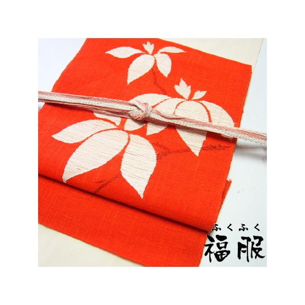 ［7505］名古屋帯 枝花文様 刺繍 金彩 九寸 お太鼓柄 正絹 着物 中古】 名古屋帯 麻 朱色地に枝花文様 お太鼓柄 八寸 夏帯