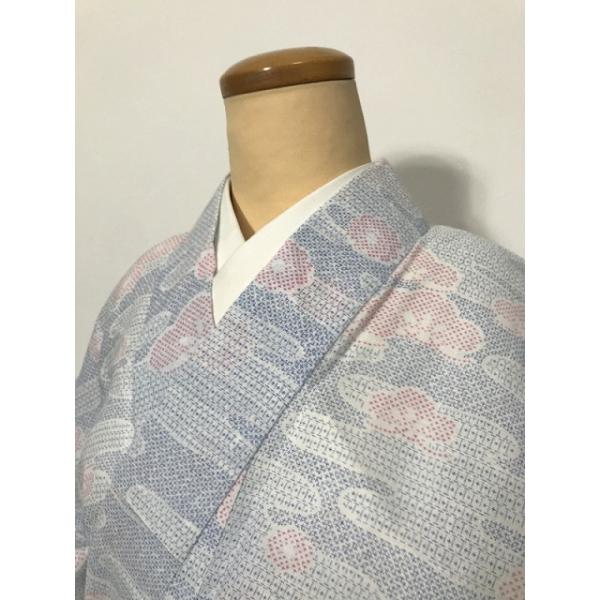 【中古】Sサイズ 化繊 紬 白地に霞模様 夏着物