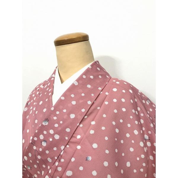 中古 Mサイズ 夏着物 化繊 小紋 絽 ピンク地に枝花模様 洗える着物