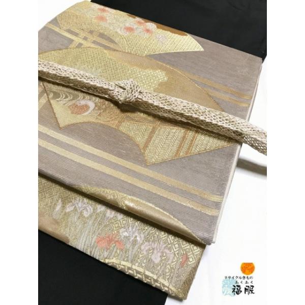 中古 袋帯 正絹 白茶地に地紙文様 六通柄 夏帯 女 女物 夏物 夏
