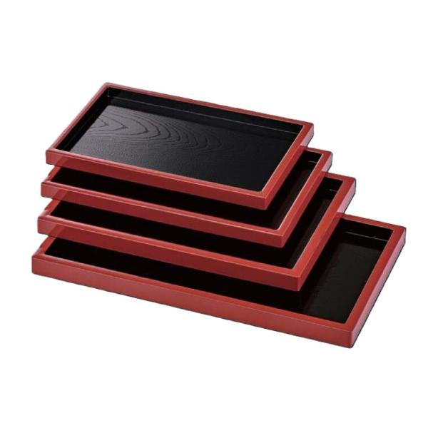 お蕎麦屋さんの定食1人用に最適なお盆です。ＡＢＳ樹脂製です。写真は4枚重ねてありますが、4枚セットではありません。このページの商品は上から3番目のお盆1枚です。●サイズ：455×312×30ｍｍ●材質：ＡＢＳ樹脂●定価の5.5割引きで販売