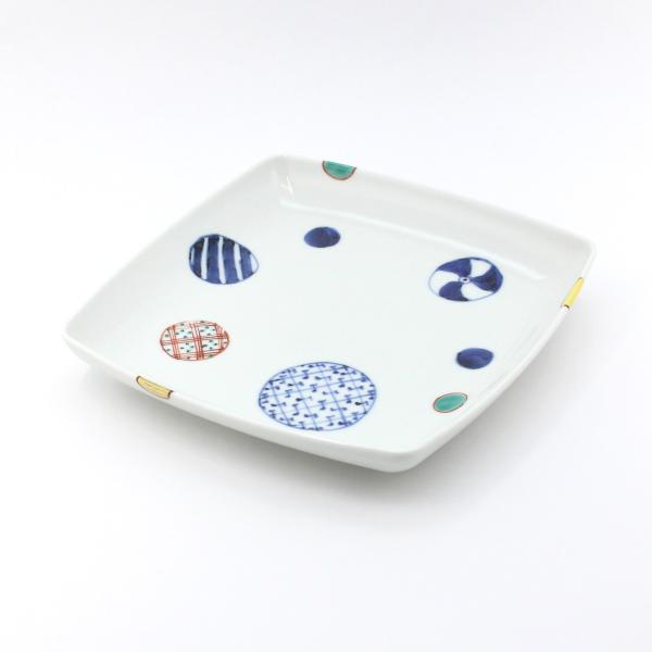有田焼 取り皿 染錦地紋丸紋スクエアプレート（M）【福珠窯