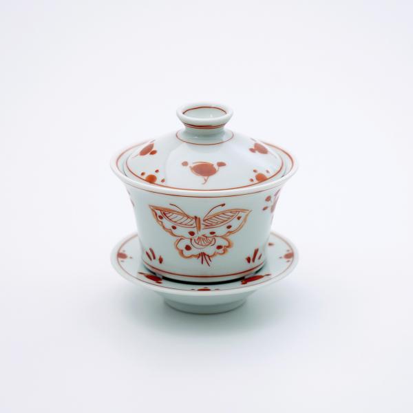 有田焼 茶器 朱彩花蝶 蓋碗（がいわん）【福珠窯（有田焼窯元）】 : 福