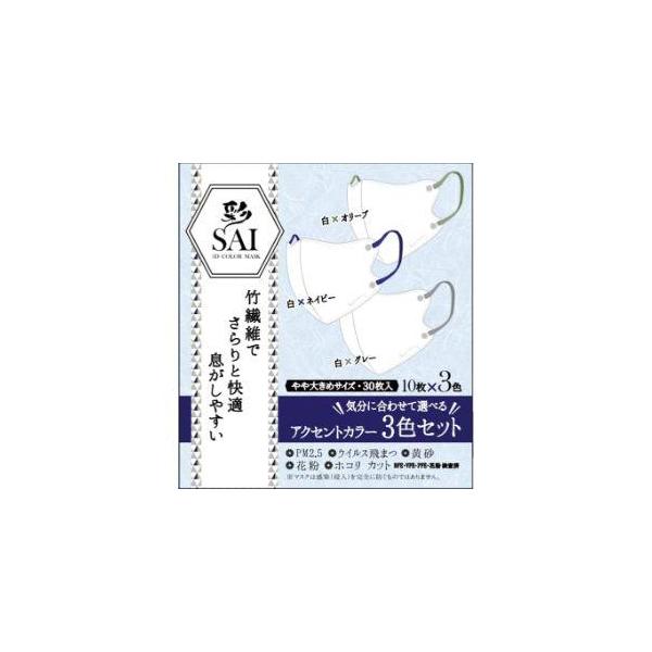 彩立体マスク　アクセントカラー　3色セット　３０枚　（　コロナ　アクセントカラー　おしゃれマスク　立体マスク　かぜ　花粉　ハウスダスト　やや大きめ　）