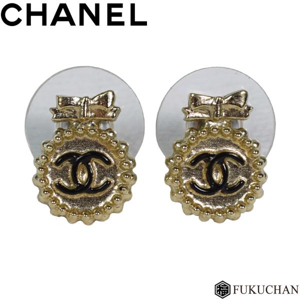 【シャネル】ゴールド＆ブラックリボン!ピアス24c専用保護ケース、箱、袋付） CHANEL/シャネル ココマーク×リボン ピアス 13B ゴールド