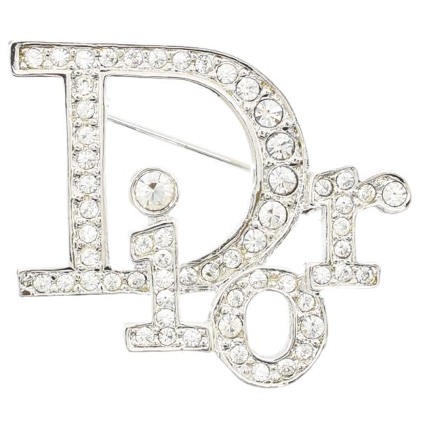 クリスチャンディオール Christian Dior ブローチ ロゴ ラインストーン ブローチ アクセサリー ラインストーン/メッキ シルバー×クリア  美品 送料無料