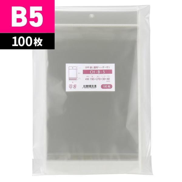 【メール便OK】OPP袋 B5 吊り下げ用 透明 ヘッダー付 100枚 195x270+30mm CH-B-5
