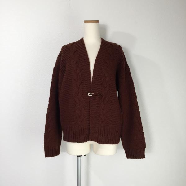 LILASIC リラシク 手編み風ガーターカーディガン ニット ワイド シェットランドウール ローゲージ ケーブル編み ピン付き ブラウン